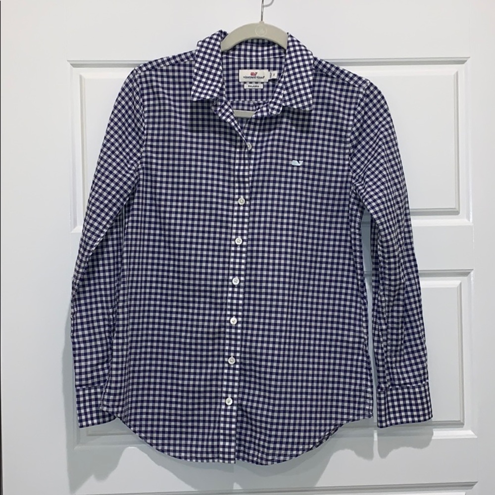Vineyard Vines Navy Gingham Blouse Size 2